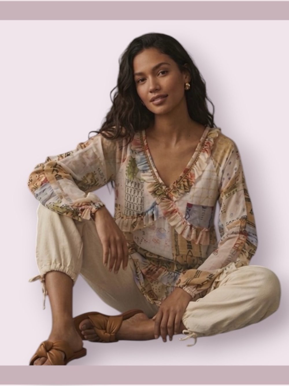 Tiny Ruffled Babydoll Neutral Pattern Tunic by Anthropologie
